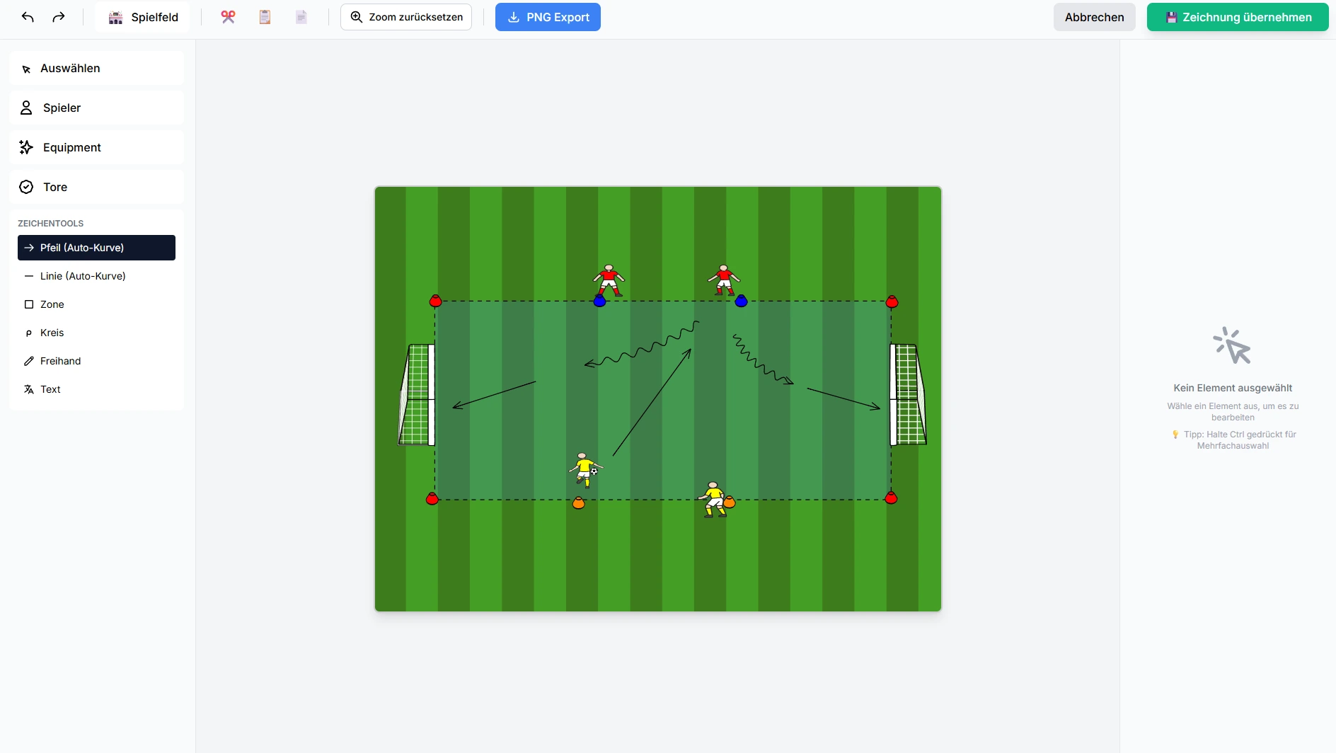 Taktikboard: Fussballübung mit Spielern, Laufwegen und Zonen zeichnen und animieren